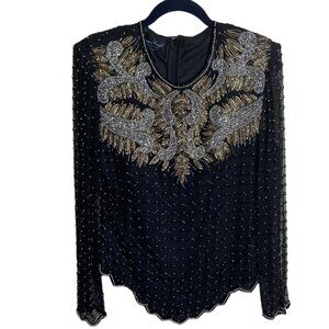 NWT Laurence Kazar Vintage Sequin Beaded Silk Top Black Gold
